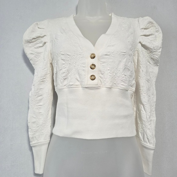 Free People Tops - Free People Puff Sleeve Top XS White Textured Boho‎ Romantic Victorian Cottage